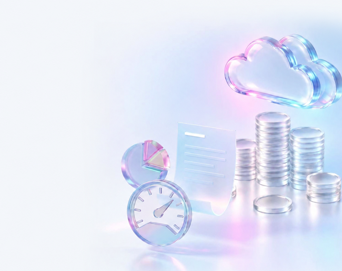 Cloud cost savings illustrated by coin stacks, charts, and a performance gauge