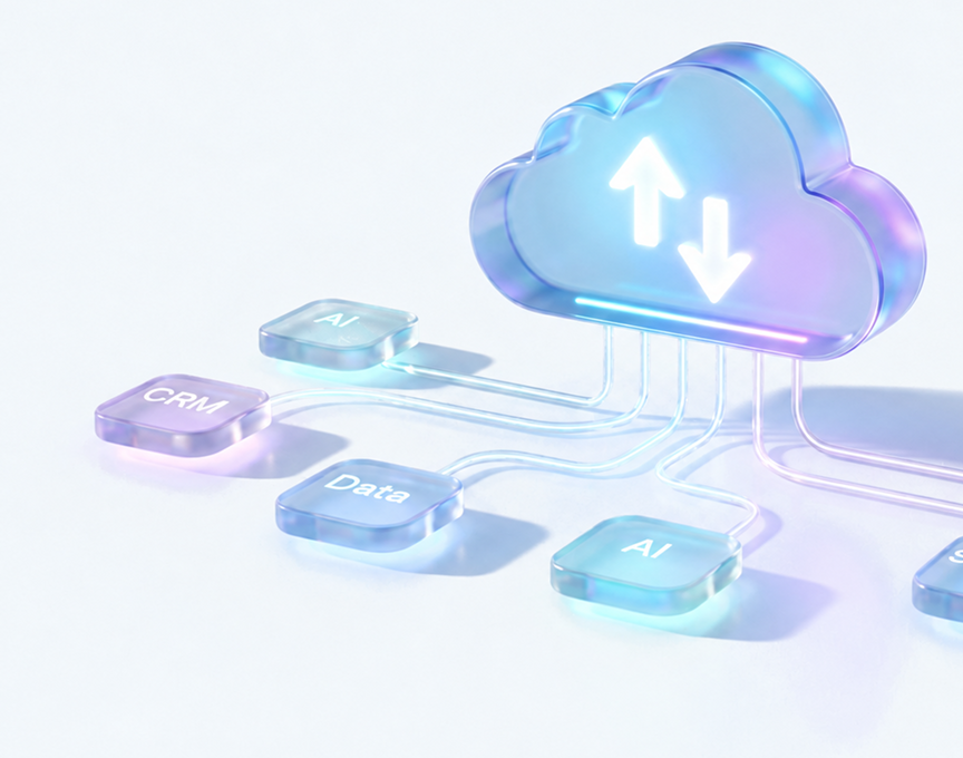 Applications and data connected to a cloud with upload and download arrows