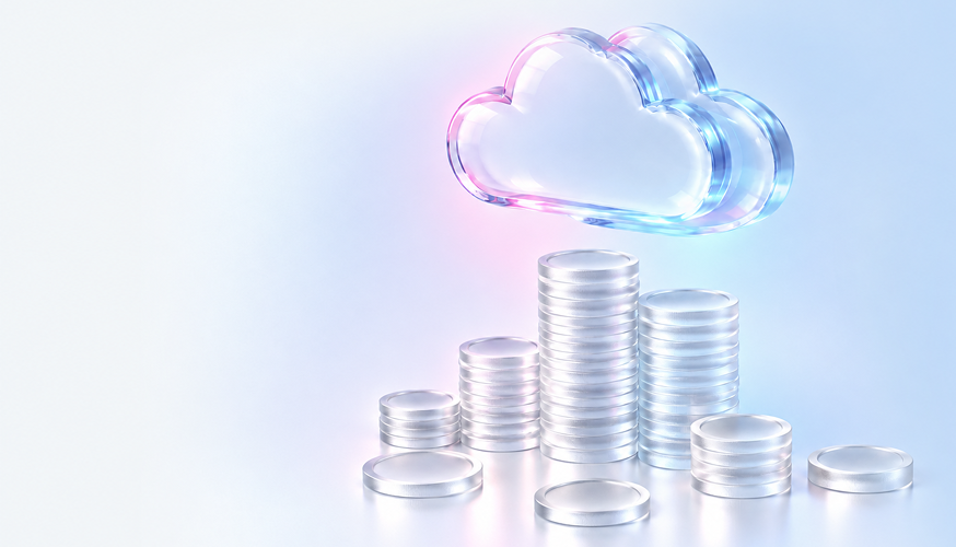 Cloud above stacks of coins representing cost optimization