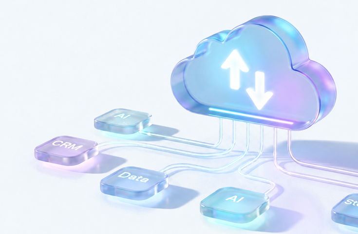 Cloud migration connecting applications and data with upload and download arrows